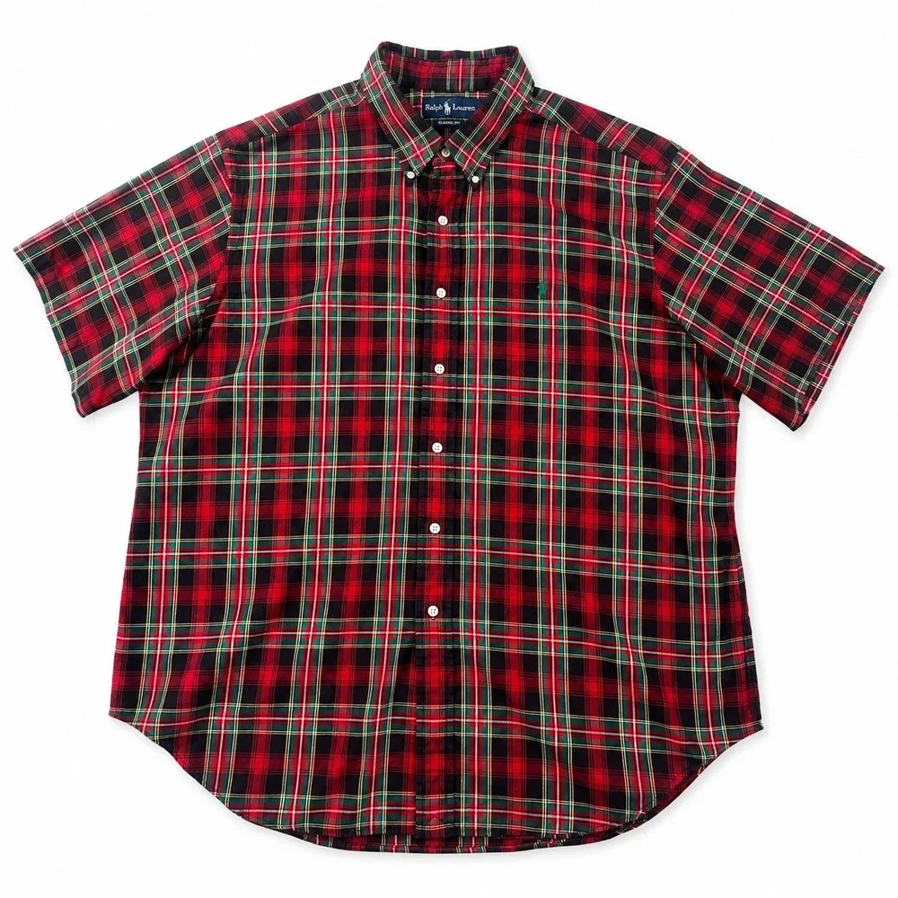 Polo Ralph Lauren Mens XXL Classic Fit Short Sleeve Plaid Button Down Shirt Red